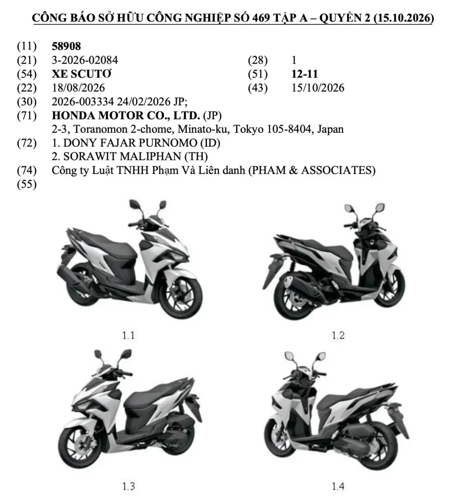 Honda Vario Evo 160 2026 đăng ký bảo hộ tại Việt Nam